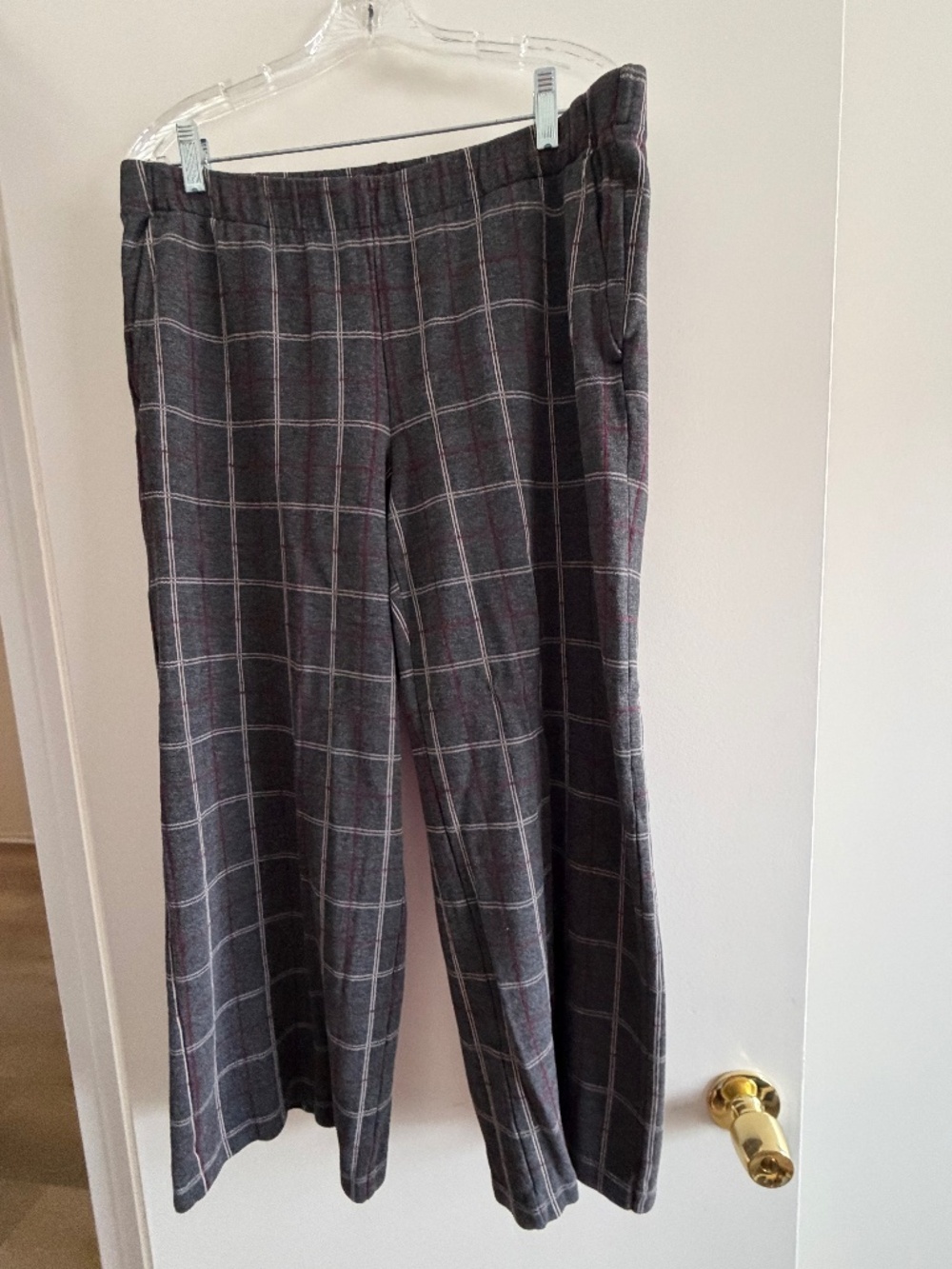 J. Jill Elastic Waist Wide Leg Pant Plaid Pant - Gray/Maroon/White Plaid